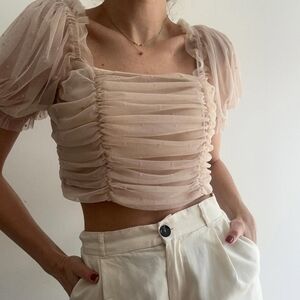 H&M Elegant Feminine Cream Ruched Sheer Sleeve Top
